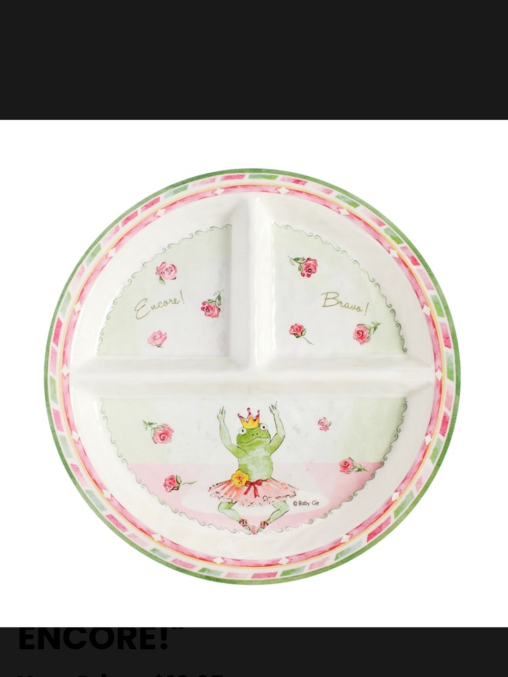 BABY CIE MELAMINE SECTION PLATE and CUP BRAVO! ENCORE! Frog ballerina lot of 2